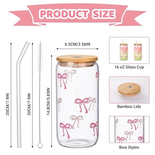 GLECTG 2 Pcs Cute Pink Bow Glass Cups with Lids & Straws, Aesthetic Iced Coffee Cup, Girly Preppy Design Tumbler Mug, Birthday Valentine Gifts for Women, Teen Girl Gifts Trendy Stuff 16OZ thumbnail 3