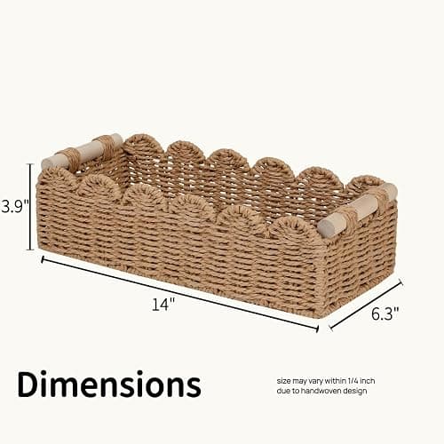 Scalloped Edge Bathroom Counter Organizer Basket with Wooden Handles, Khaki Paper Rope Toilet Tank Top Basket, Toilet Paper Storage Basket for Vanity, Shelves – 14" x 6.3" x 3.9" thumbnail 3