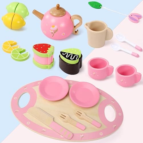 Seagoal Set da Tè di Legno, Cucina Giocattolo per Bambini, Giochi Regalo 3 4 5 Anni, Accessori da Torta Dessert Gioco di Ruolo thumbnail 6