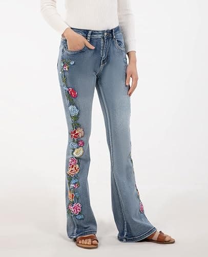Women's Embroidered Bell Bottom Jeans Stretch Flared Fit Wide Leg Denim Pants thumbnail 4