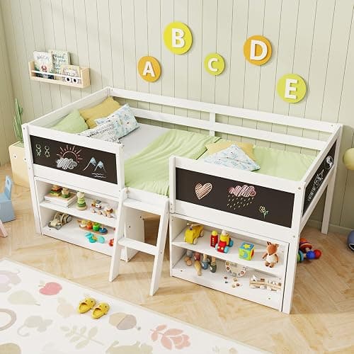 KOMFOTT Twin Size Low Loft Bed, Kids Loft Bed Frame with Movable Storage Shelves, Chalkboard & Ladder, Solid Wood Twin Bed with Under-Bed Play Area for Kids, Boys & Girls, No Box Spring Needed, White - Image 1
