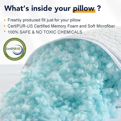 QUTOOL Cooling Pillow for Sleeping, CertiPUR-US Shredded Memory Foam Queen Pillows Set of 2, Cool Pillow for Hot Sleepers Adjustable Firm Pillow for Side, Back, Stomach Sleepers Soft Yet Support,White thumbnail 9