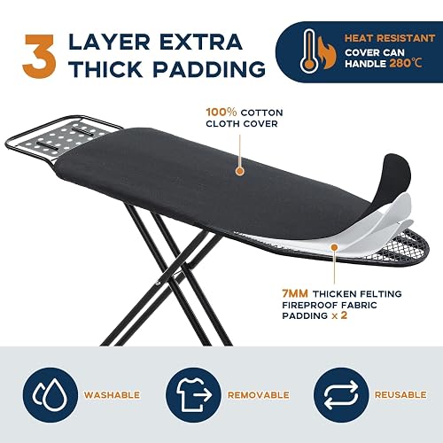 Ironing Board Full Size, RAINHOL Black 54"x13" Compact Ironing Board | Heavy Duty with Iron Rest, Height Adjustable Stand & Heat Resistant Ultra Thick Padding Cover thumbnail 3