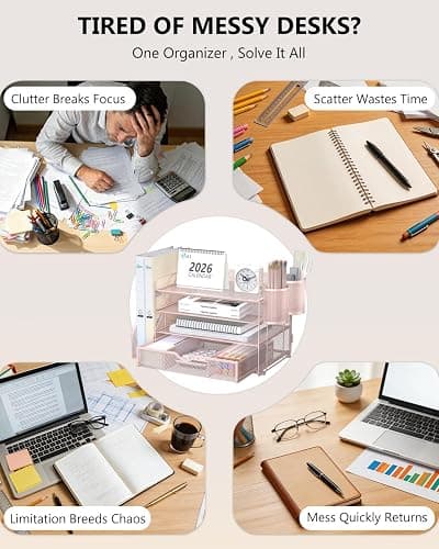 WALI Desk File Organizer, 4 Tier Desktop Paper Letter Tray Organizer with Drawer and 2 Pen Holders, Office Desk Accessories & Workspace Organizers for Office, Home Supplies(DO005DH-P), 1 Pack, Pink thumbnail 4