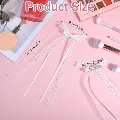 2Pcs White Lace Hair Bows with Long Tail, Coquette Lace Bow Hair Clips for Women, Elegant Ribbon Bow Barrettes Alligator Clip, Wedding Bridal Hairs Accessories for Girls Teens Daily Wear Party Decor thumbnail 2
