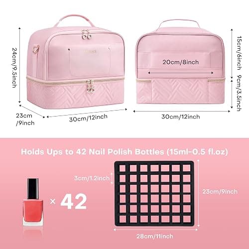 Leudes Nail Polish Organizer and Storage Holder 42 Bottles&Manicure Kit &Nail Lamp,Nail Stuff Bag Organizer Travel Case for Nail Tech Supplies Accessories Manicure Tools (Pink) thumbnail 3