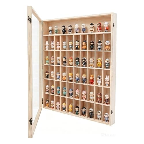 Wooden Wall Mount Display Case, Display Case with 50 Slots & One Shelf for Minifigures Action Figures, Display Cabinet Rack Holder Shadow Box with Acrylic Door Shot Glass Storage Case - Image 1