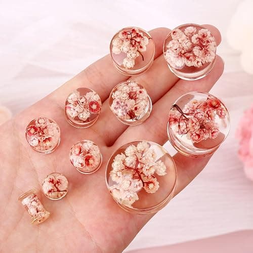 Jewseen 2Pcs Flower Ear Gauges 2g to 1'' Organic Real Flower Resin Plugs thumbnail 4