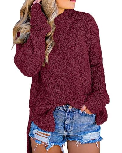 Imily Bela Womens Fuzzy Knitted Sweater Sherpa Fleece Side Slit Full Sleeve Jumper Outwears - Image 1