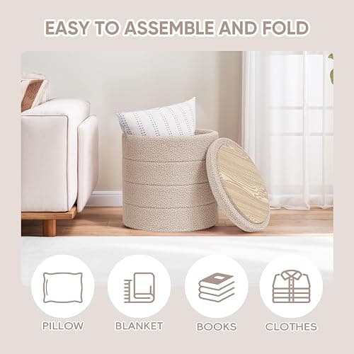 PINPLUS Storage Ottoman, 29.9 inches Velvet Sherpa Folding Storage Round Foot Rest Ottoman Beige Color,16.9" D x16.9 W x 17.7" H thumbnail 4