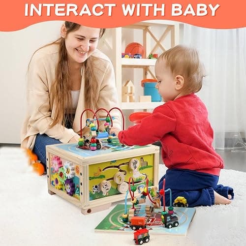 Wooden Activity Cube 7-in-1 Montessori Toys for 1+ Year Old Boys Girls Educational Learning Toys for Toddlers Age 1-2 One Year Old First Birthday Gift Bead Maze Magnetic Trains Track Shape Sorter thumbnail 2
