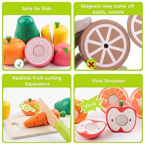 Wooden Play Food Sets for Kids Kitchen, Velcro Fruits & Veggies Cutting Set | Fake Food Play Kitchen Accessories, Learning Pretend Play for Toddlers 3-5 Boys Girls thumbnail 6