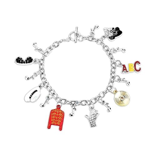 Music Inspired Charm Bracelet, Silver Chain with Red Jacket, Hat, Glove, BAD Charms, 7.29 Inch - Image 1