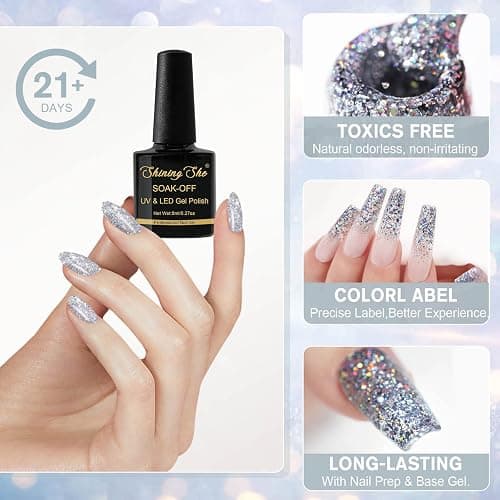 Shining She Vernis Semi Permanent Paillettes, 6 Couleurs Paillettes Blanc Argenté Noir Or Rose Vernis à Ongles Gel Soak Off UV/LED Semi-permanent Manucure Kit Pour Salon De Manucure DIY Home, 8ml - Paillettes thumbnail 3