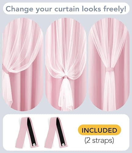 TopNaps 100% Blackout Curtains with Sheer Overlay, 2 Panels Thermal Insulated Double Layer Grommet Drapes for Girls Bedroom Living Room Darkening Apartment Windows Decor, 52" W x 84" L, Pink thumbnail 5