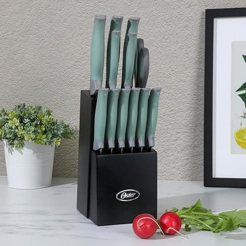 Oster Lindbergh 14 Piece Stainless Steel Kitchen Knife Block Set - Sage Green W/Black Knife Block - 14-Piece Knife Block Set - Lindbergh Sage Green thumbnail 2
