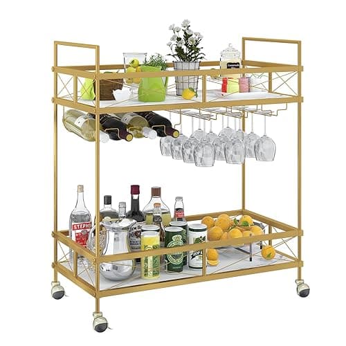 ASYA The Home Bar Serving Cart Gold with Marble Shelves & Wine Rack, Modern Mini Bar Cart on Wheels for Dining Room, Living Room and Home Bar - Modern