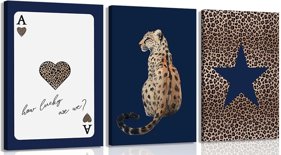 KLXCAJAM 3Pcs Navy Leopard Canvas Wall Art Cheetah Vintage Prints Wall Decor Navy Blue Star Painting Pictures Lucky Trendy Artwork for Gallery Preppy Luxury Home Decoration 12x16in - Image 1