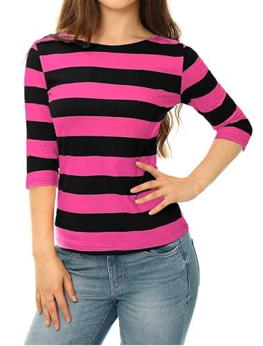Allegra K Women's Elbow Sleeves Top Casual Boat Neck Slim Fit Stripe T-Shirt thumbnail 2