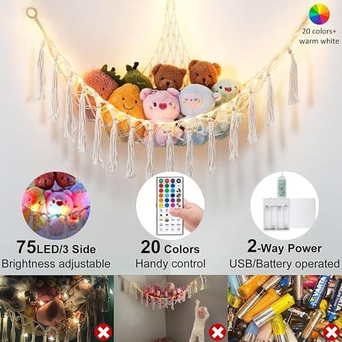 20 Color Change Stuffed Animal Hammock 75LEDs, 55in Extra Large Storage Macrame Hammock with 44-Key Remote, USB Hanging Plush Animal Net for Kids Bedroom Doll Room Corner Organizer (20 Colors, XL) thumbnail 2
