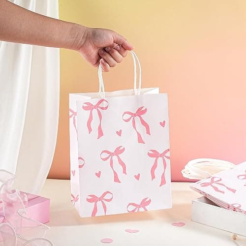 Loveinside Light Pink Bow Paper Gift Bags, Bow Ribbon and Heart Design with Handles Grocery Shopping Bags Candy Goodie Bags for Baby Shower, Birthday, Wedding, Anniversary, 8" x 4" x 10", 12 Pcs thumbnail 4