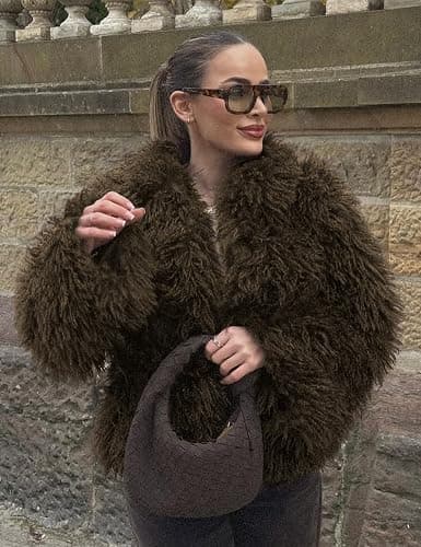Wyeysyt Womens Faux Fur Coat Cropped Lapel Fluffy Fur Jacket Long Sleeve Open Front Shaggy Fuzzy Outerwear thumbnail 2