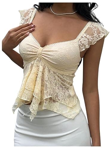 Verdusa Women's Y2k Going Out Tops Floral Lace Cap Sleeve T Shirts Ruched Layered Ruffle Vintage Crop Tops - Image 1