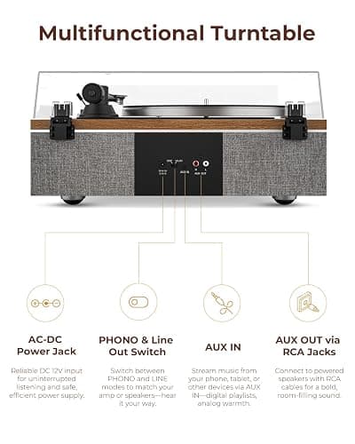 QLEARSOUL ONE-S Vinyl Record Player with Bluetooth Input/Output, All-in-One Vintage Turntable Built in Speakers, Phono Preamp & DSP, AT-3600L Cartridge, 33/45 RPM (Walnut) thumbnail 6