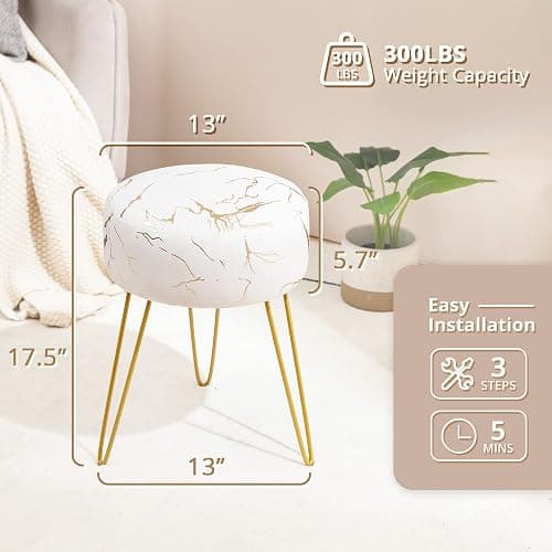 LUE BONA Vanity Stool, Gold Vanity Stools for Makeup Room, Round Ottoman Foot Stool, Velvet Footrest Vanity Chair for Bathroom Vanity, Bedroom, Living Room, Entryway, Offices thumbnail 3