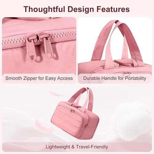 XWFB Travel Toiletry Bag Duffel - Water Resistant, Wide-open Large Lightweight Makeup Bag for Women with Handle & Wet Pocket, Puffy Organizer for Toiletries,Dark Pink thumbnail 6