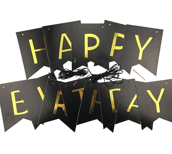 FECEDY Black Happy Birthday Bunting Banner with Shiny Gold Letters Party Supplies thumbnail 4