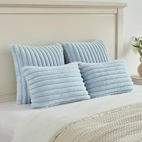 FUTEI Light Blue Striped Decorative Throw Pillow Covers 18x18 Inch Set of 2,Square Winter Decorations Couch Pillow Case,Soft Cozy Faux Rabbit Fur & Velvet Back,Modern Home Decor for Bed thumbnail 5