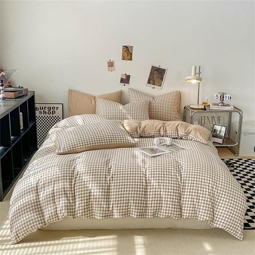 Michorinee Housse de Couette Carreaux Vichy 140x200 Beige Marron - Parure de Lit Adulte 1 Personne en Microfibre - Linge de Lit à Carreaux Réversible avec Taie d'oreiller 65x65 cm thumbnail 6