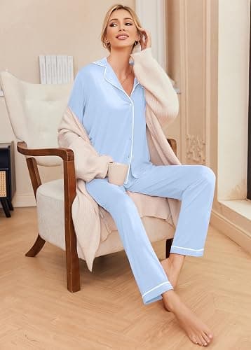 Ekouaer Pajamas Womens Long Sleeve Sleepwear Button Down Loungewear Pjs Set | Comfy Soft,Classic Notch Collar,2 Piece Matching Set for Postpartum,Maternity,Bridal,Travel,Daily,Gift thumbnail 4