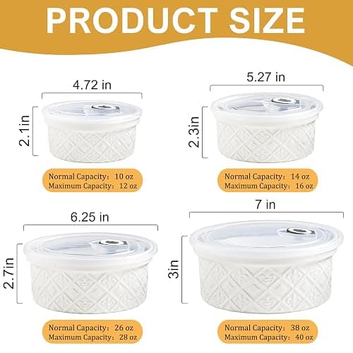 Large Mixing Bowls with Airtight Lids, Classic White Porcelain Embossed Nesting Salad Bowls for Baking and Cooking, 12/16/28/40oz Serving Bowls Set of 4, Oven and Dishwasher Safe, Thanksgiving Gift thumbnail 3