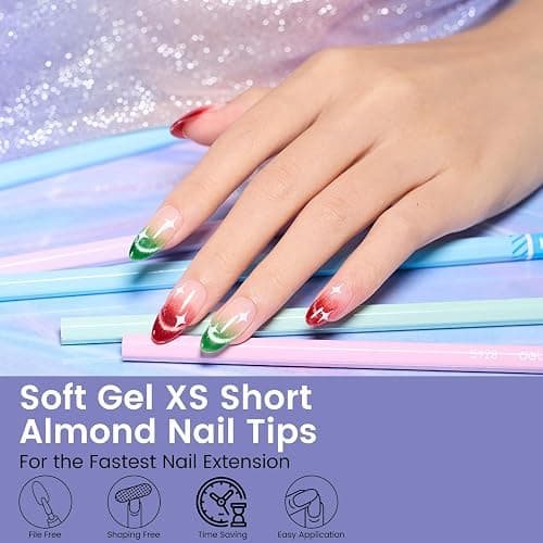 Extra Short Almond Nail Tips: 240Pcs Small Almond Shape Soft Gel Fake Nail Tips for Nail Extension, 12 Sizes Full Cover Clear Press on Nails for Girls for Home DIY Salon thumbnail 2