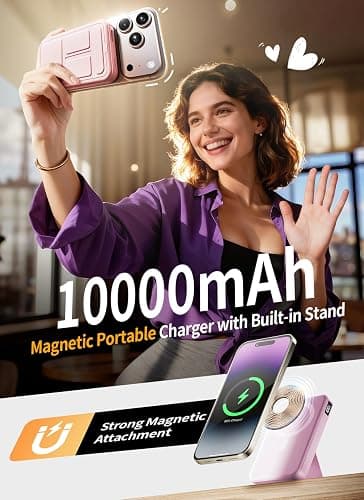 Gxorul for Magsafe Battery Pack, 10000mAh Wireless Portable Charger with 20W USB-C Fast Charging, Foldable Stand & LED Display Magnetic Power Bank, Compatible with iPhone 17/16/15/14 All Series-Pink thumbnail 2