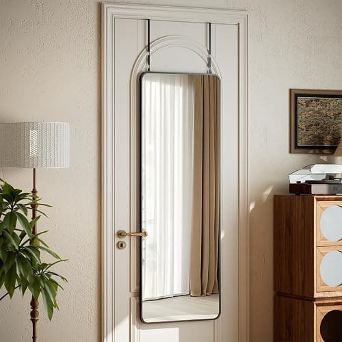 VooBang 14"x48" Full Length Over The Door Mirror - Aluminum Alloy Frame Full Body Mirror with Height-Adjustable Hangers, Hanging Leaning Against Wall for Dorm, Black thumbnail 4