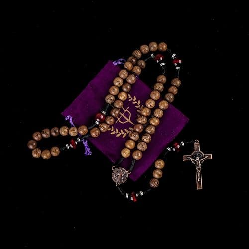 Nazareth Store Classic 10mm Solid Wood Rosary Beads Necklace for Men Olive & Dark Red Wooden Strong Rugged Corded Catholic Rosary with St.Benedict Medal & Cross Crucifix thumbnail 6