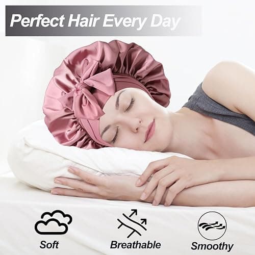2PCS Silk Bonnet for Women, Satin Bonnet for Sleeping, Large Sleep Cap with Elastic Tie Band for Curly Hair (Bean Paste Pink+Black) thumbnail 4