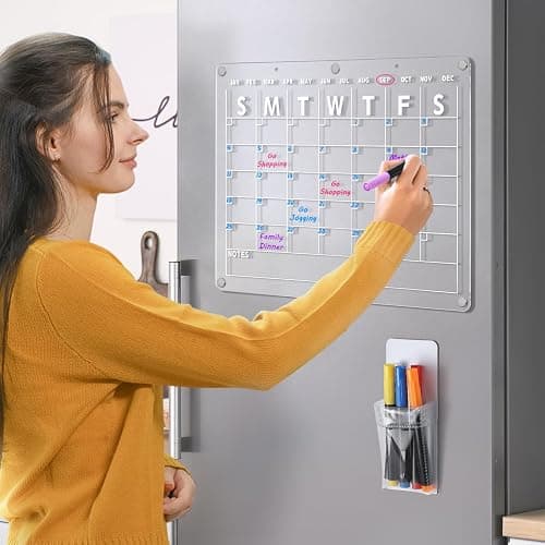 Acrylic Magnetic Dry Erase Board Calendar for Fridge, 16.5"x12" Inch Clear Dry Erase Calendar for Refrigerator, Magnetic Planning Calendars Includes 6 Colors Markers and Magnet Pen Holder thumbnail 2