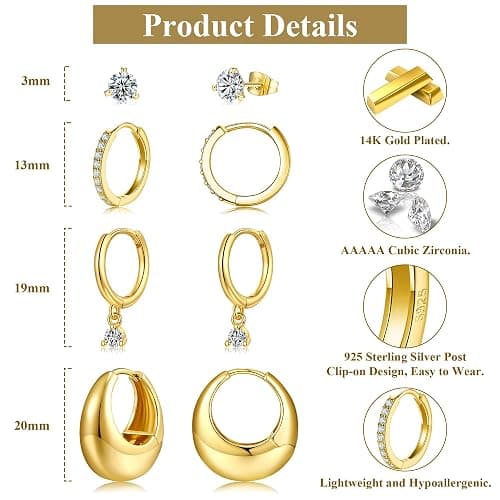 Bsoepnr 4 Pairs Gold Hoop Earrings Set for Women, Dainty 14K Gold Plated Small Huggie Stud Earrings Hypoallergenic Dangle Cartilage Huggie Hoop Earrings for Multiple Piercings thumbnail 3