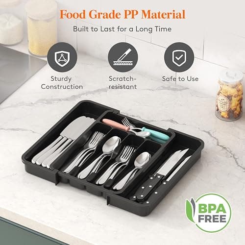 Lifewit Cutlery Organizer, Expandable Utensil Organizer for Kitchen, Utensil Holder, Adjustable Cutlery Tray Drawer Organizer for Spoons, Knives, Kitchen Organizers and Storage, Black thumbnail 8