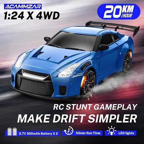 ACAMMZAR RC Drift Car, 1:24 Remote Control Car for Kids, 20KM/H 4WD High Speed RC Cars with Lights, Extra Racing Tires, Vehicle for Adults Boys Girls, Blue thumbnail 2