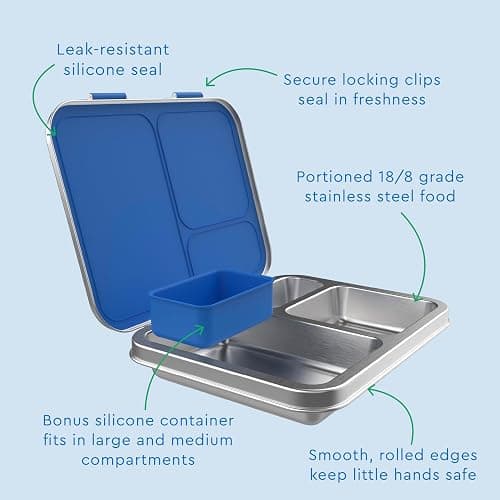 Bentgo Kids Stainless Steel Leak-Resistant Lunch Box - 3-Compartments with Bonus Silicone Container, Durable, Eco-Friendly, Dishwasher Safe, BPA-Free, Ideal for School, Ages 3+ (Blue) thumbnail 7