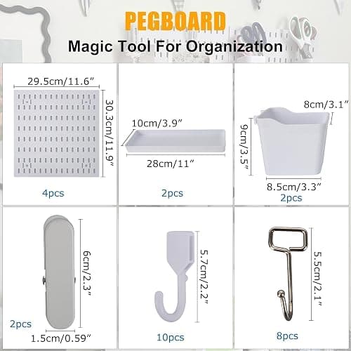 PSLER 22"×22" White Pegboard Kit with 17 Accessories, Garage Office Storage | Pegboard，Complete Hooks Accessories Kit, Multi-scene Organizer, Wall Mount Space Saving,Fits All Wall Surfaces thumbnail 2
