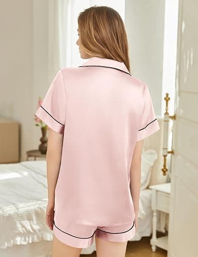 SHEFOTY Silk Pajamas for Women Short Sleeve Sleepwear Soft Button Down Loungewear 2 Piece Satin Pjs Shorts Set S-XXL thumbnail 6