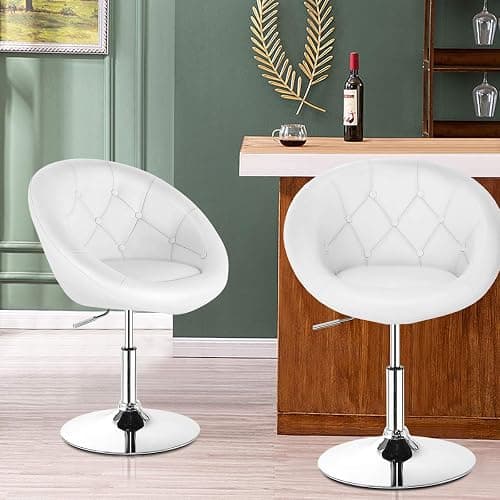 COSTWAY Vanity Chair, Contemporary Height Adjustable Makeup Chair with Chrome Frame, Tufted Round-Back, Modern Swivel Accent Chair for Lounge, Pub, Bar, White thumbnail 4