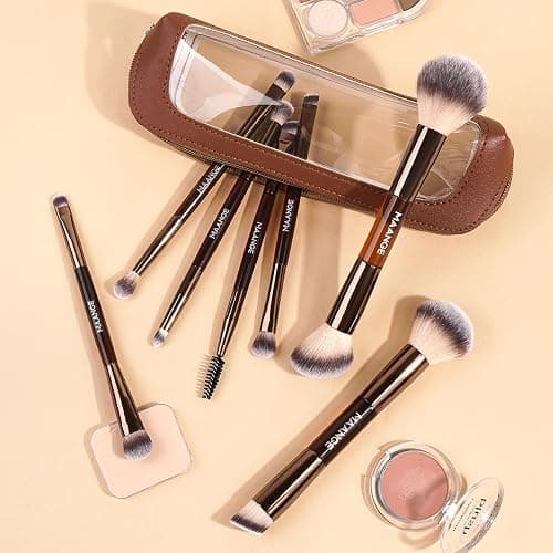 MAANGE 7 PCS Foundation Makeup Brush Set With Bag, Make up Brushes, Eyeshadow Concealer Brush, Double-ended Foundation Contour Powder Blush, Professional Face brush Set Tools For Liquid,Cream(Apricot) thumbnail 2