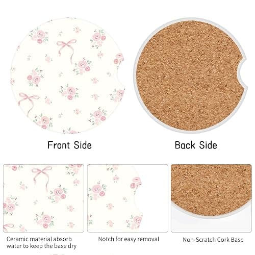 Watbro Vintage Flowers Car Coasters,Absorbent 2 Pack for Cup Holders with Finger Notch,2.56 inches Ceramics Heat Resistant Anti Slip Cork Base Car Drinks Coasters Auto Cup Holder thumbnail 3